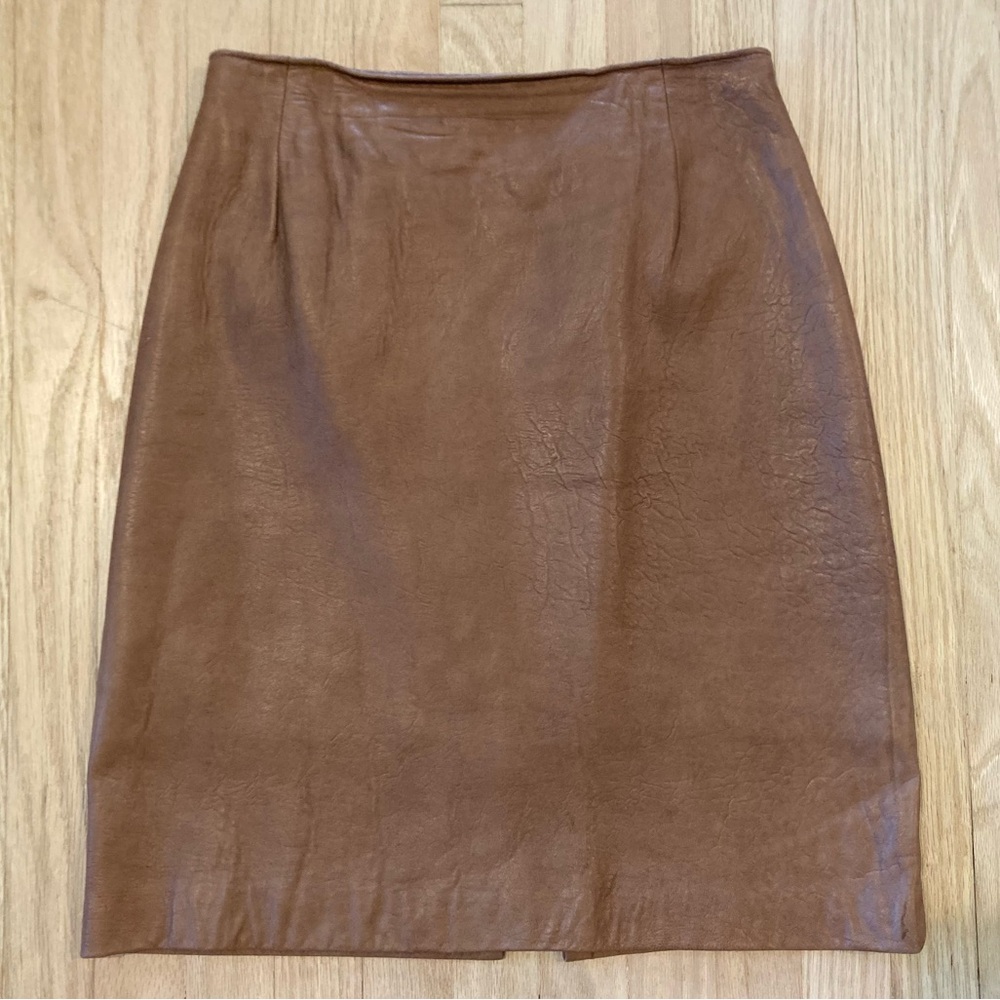 VTG Firenze Santa Barbara Genuine Leather Brown Pencil Skirt Sz 8 Scandi Minimal
